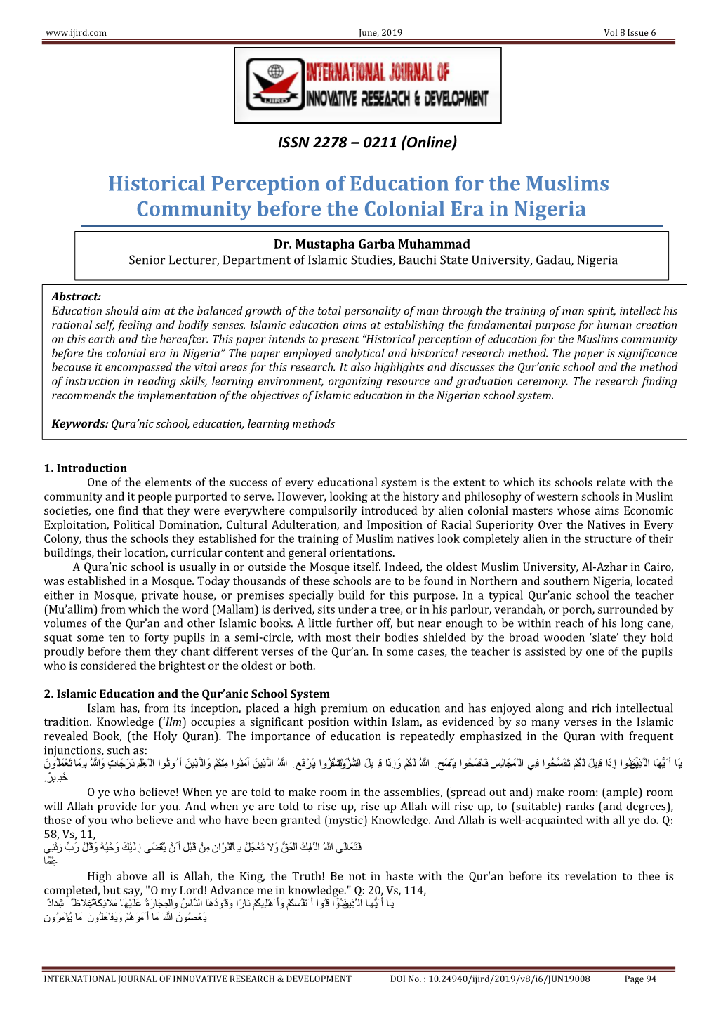 Historical Perception of Education for the Muslims Community Before the Colonial Era in Nigeria