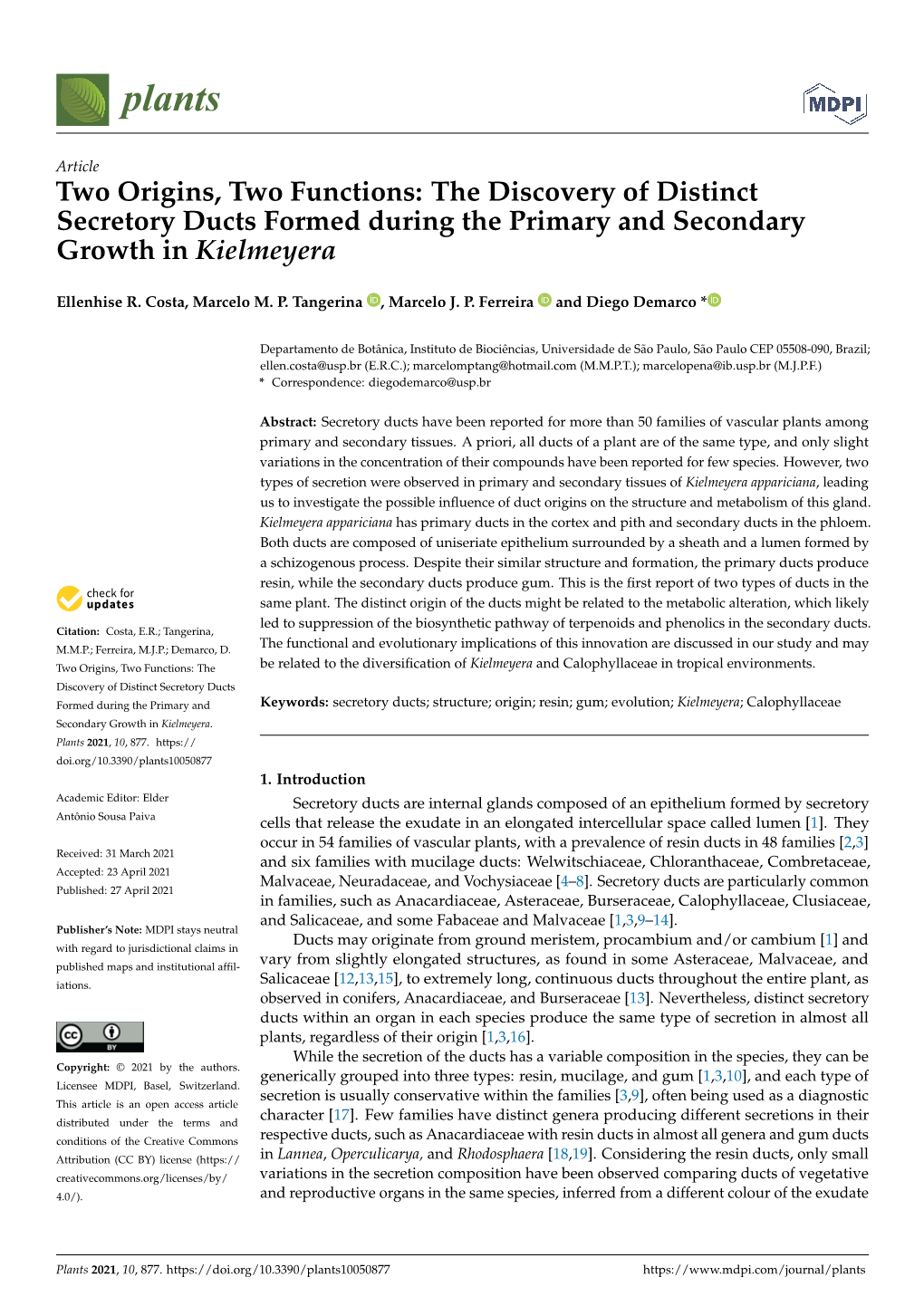 The Discovery of Distinct Secretory Ducts Formed During the Primary and Secondary Growth in Kielmeyera