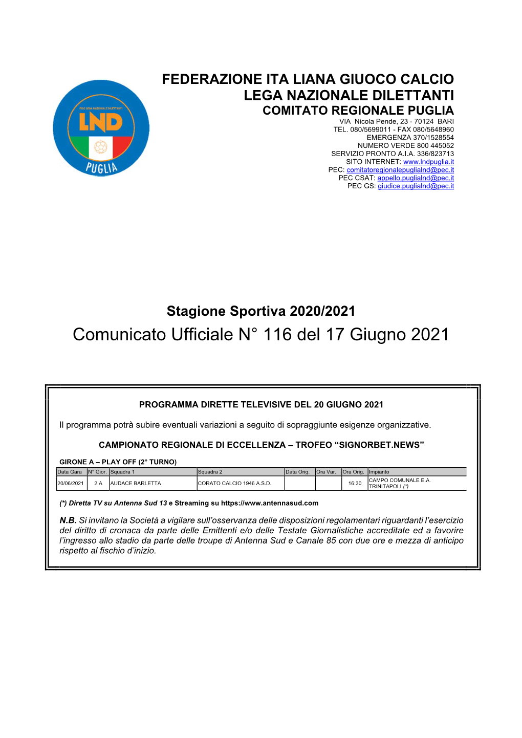 Comunicato Ufficiale N° 116 Del 17 Giugno 2021