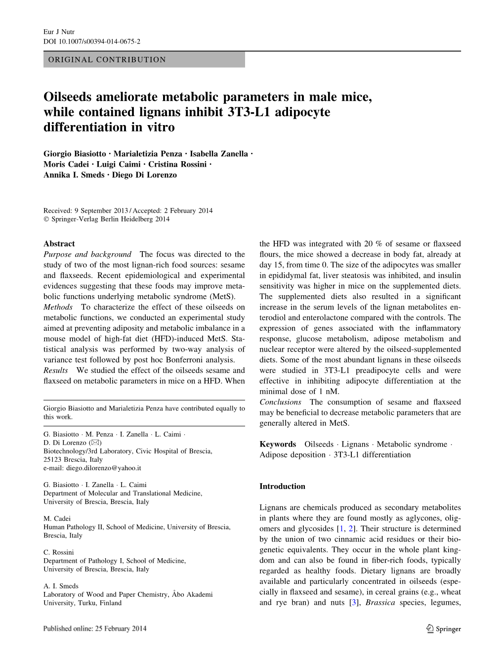 Oilseeds Ameliorate Metabolic Parameters in Male Mice, While Contained Lignans Inhibit 3T3-L1 Adipocyte Differentiation in Vitro