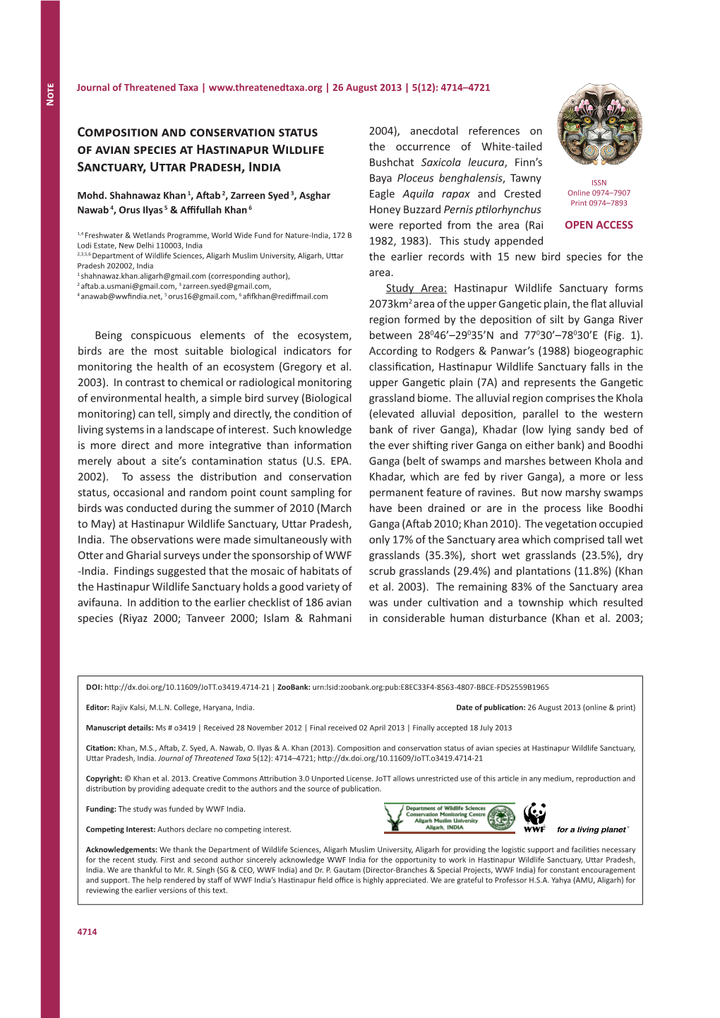 Composition and Conservation Status of Avian Species at Hastinapur Wildlife Sanctuary, Uttar Pradesh, India