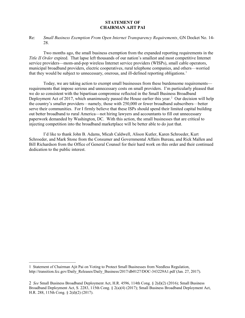 Re: Small Business Exemption from Open Internet Transparency Requirements , GN Docket No. 14-28