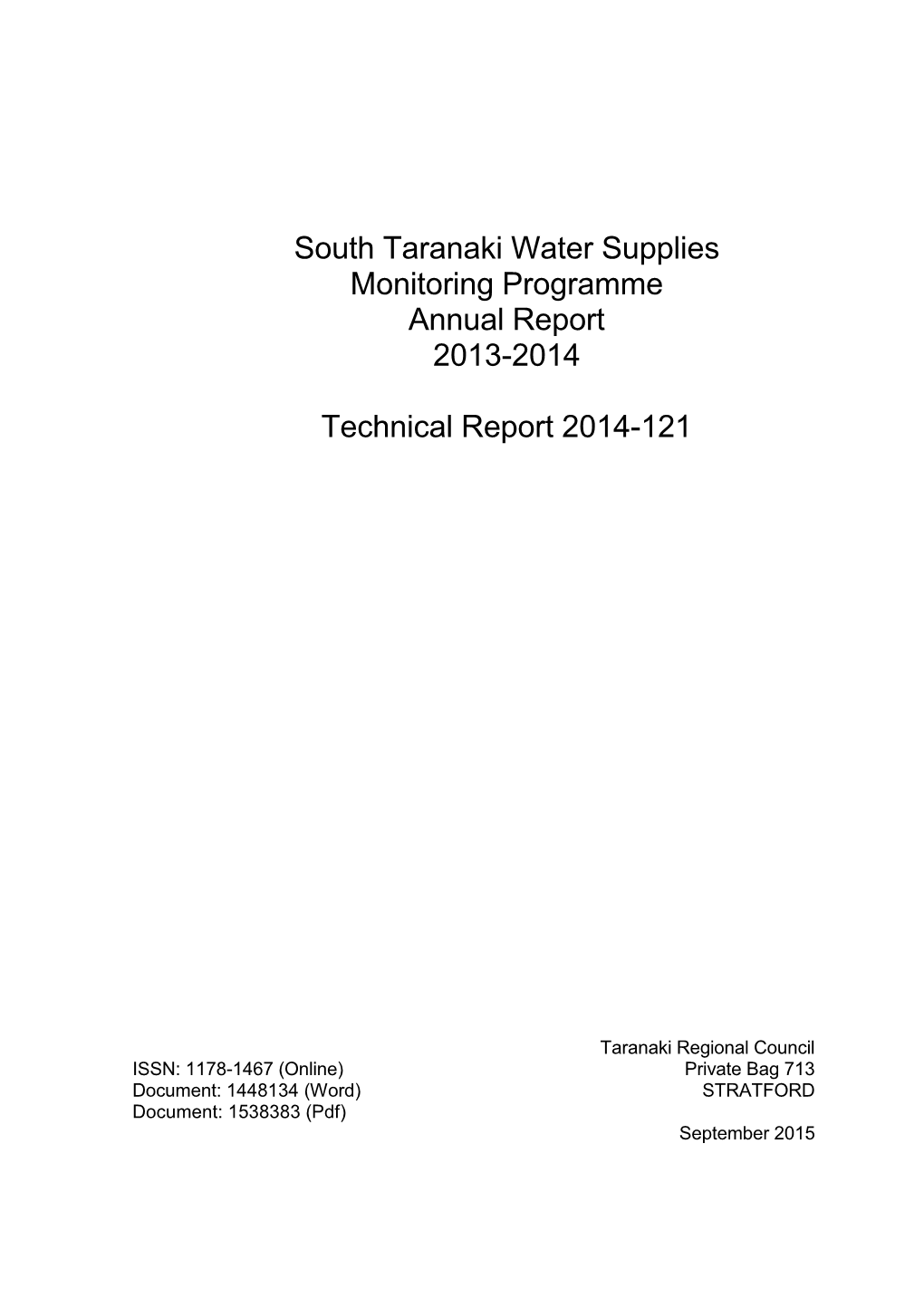 South Taranaki Water Supplies Monitoring Report