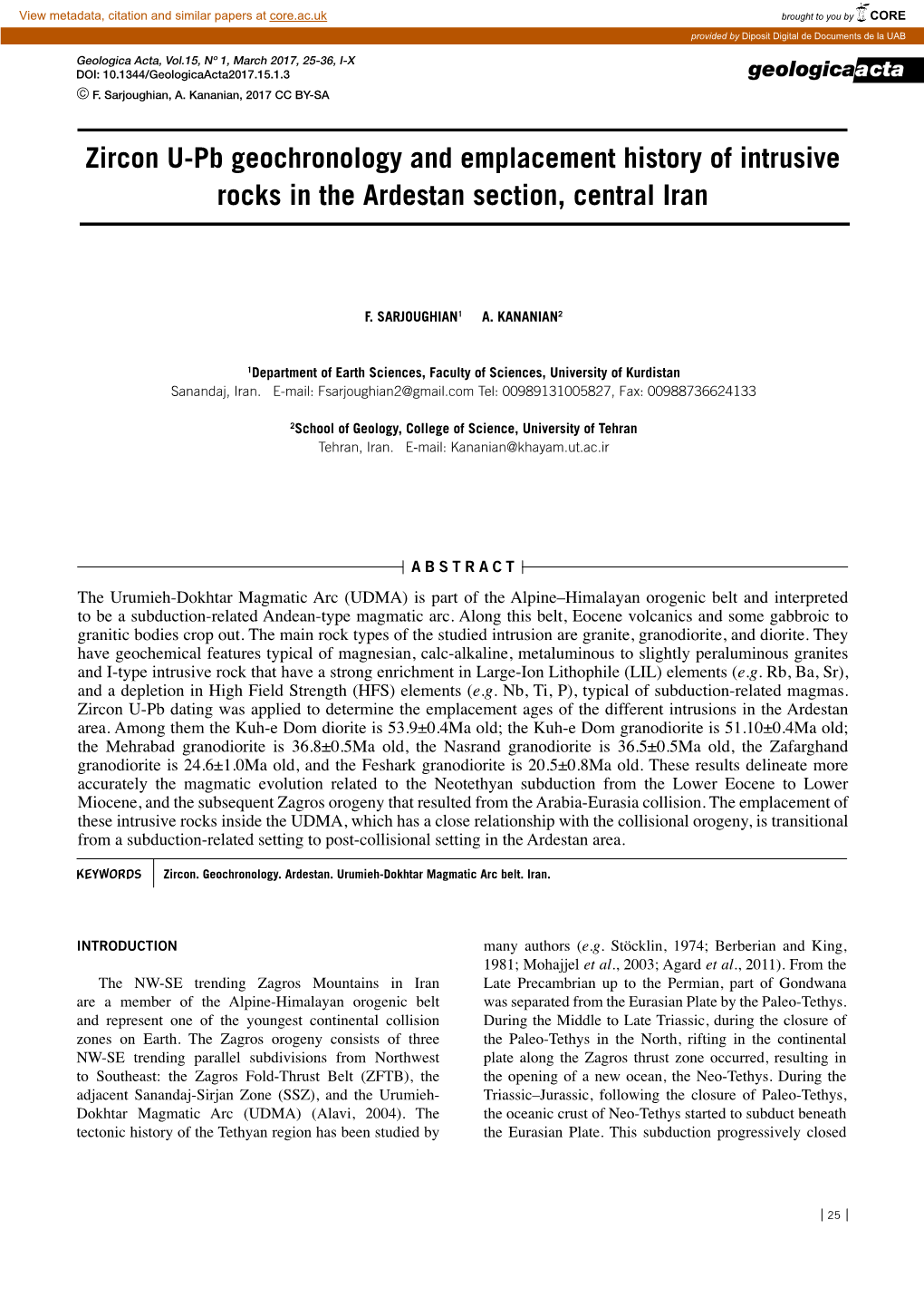 Zircon U-Pb Geochronology and Emplacement History of Intrusive Rocks in the Ardestan Section, Central Iran