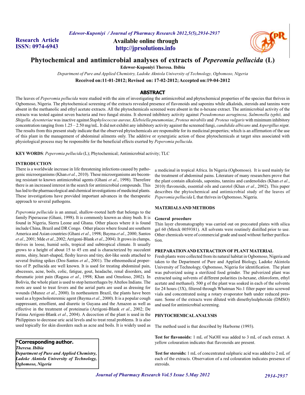 Phytochemical and Antimicrobial Analyses of Extracts of Peperomia Pellucida (L) Edewor-Kuponiyi Theresa