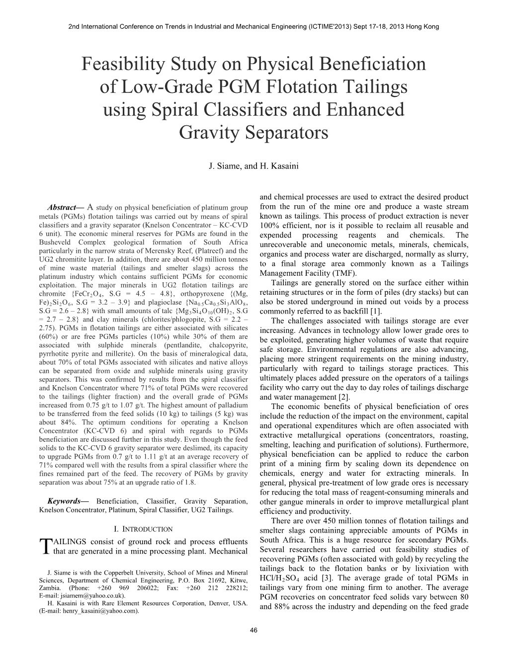 Feasibility Study on Physical Beneficiation of Low-Grade PGM Flotation Tailings Using Spiral Classifiers and Enhanced Gravity Separators