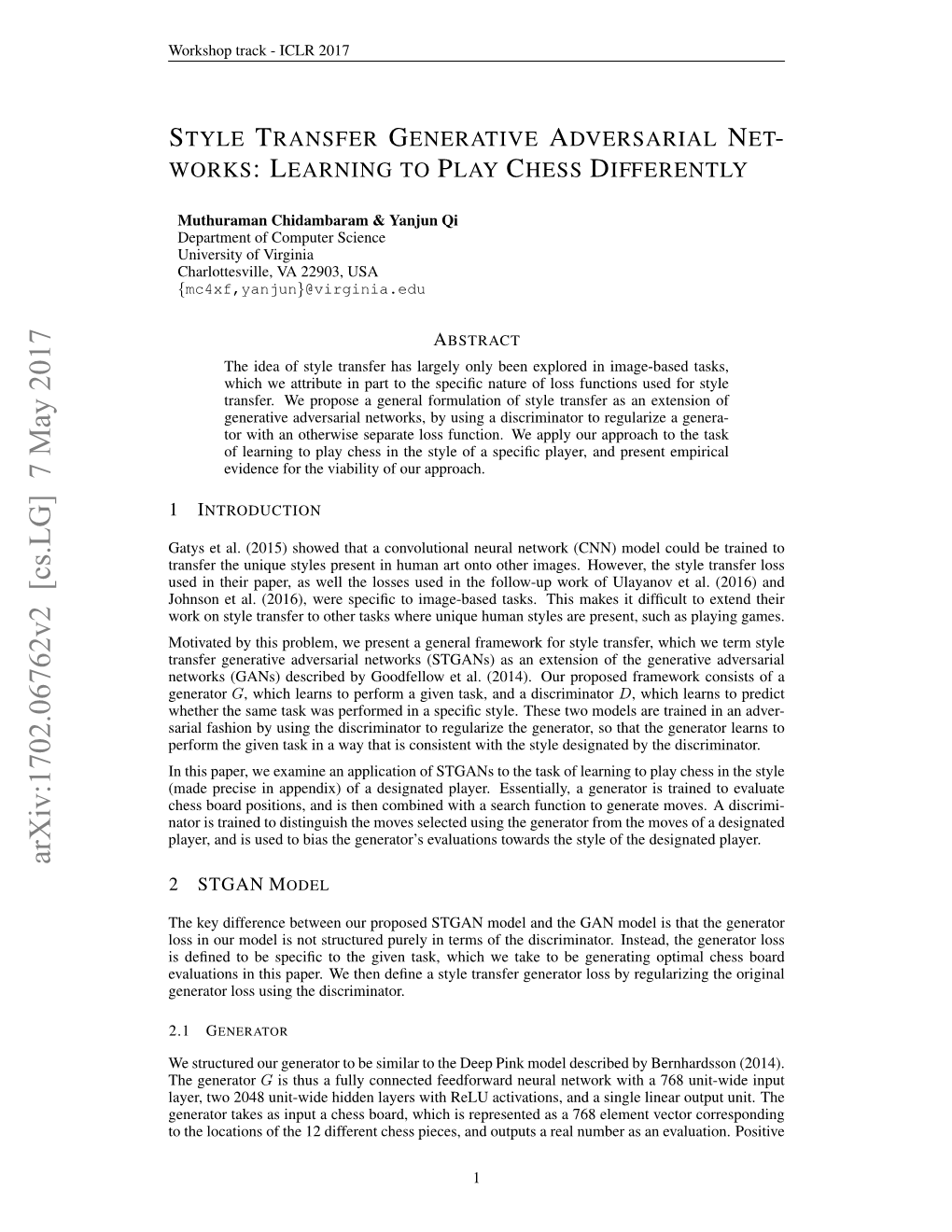 Style Transfer Generative Adversarial Networks: Learning to Play Chess