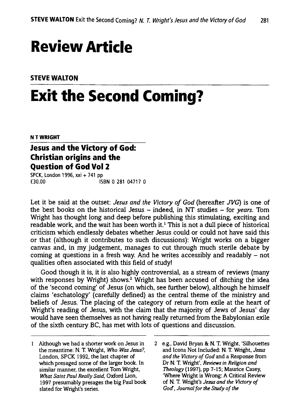 Exit the Second Coming? N. T. Wright's Jesus and the Victory of God 281