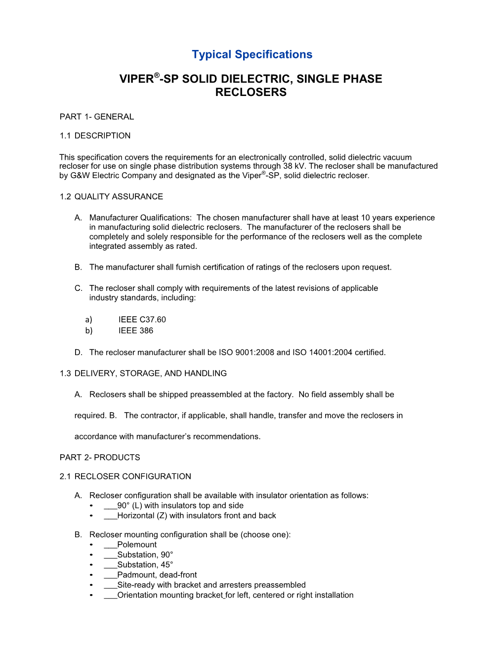 Viper -Sp Solid Dielectric, Single Phase Reclosers