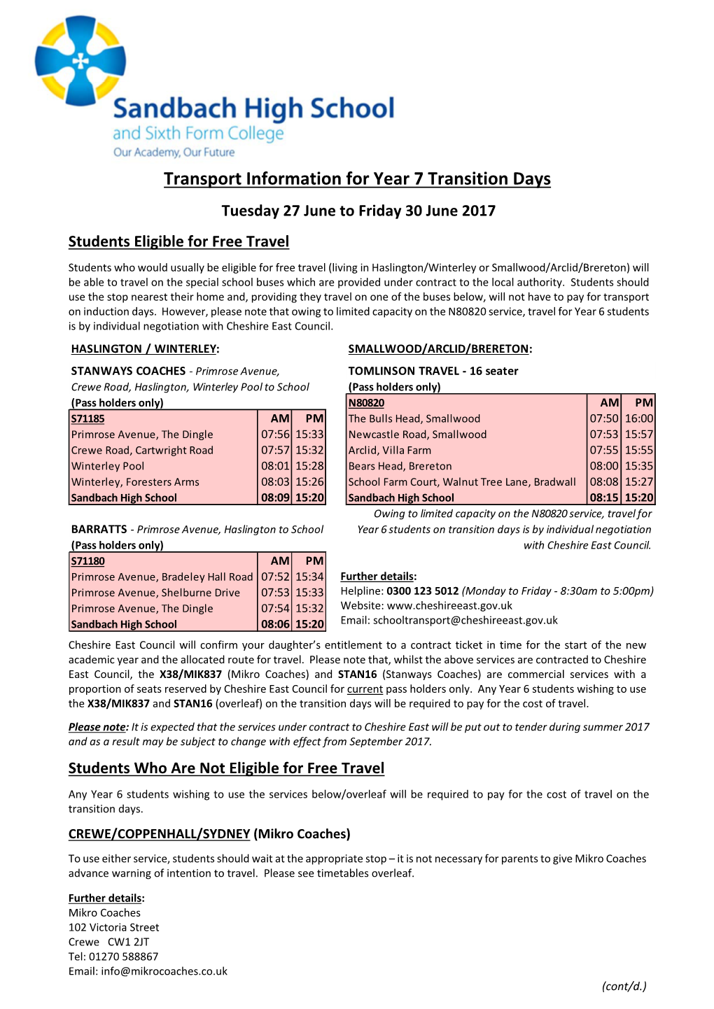 Transport Information for Year 7 Transition Days