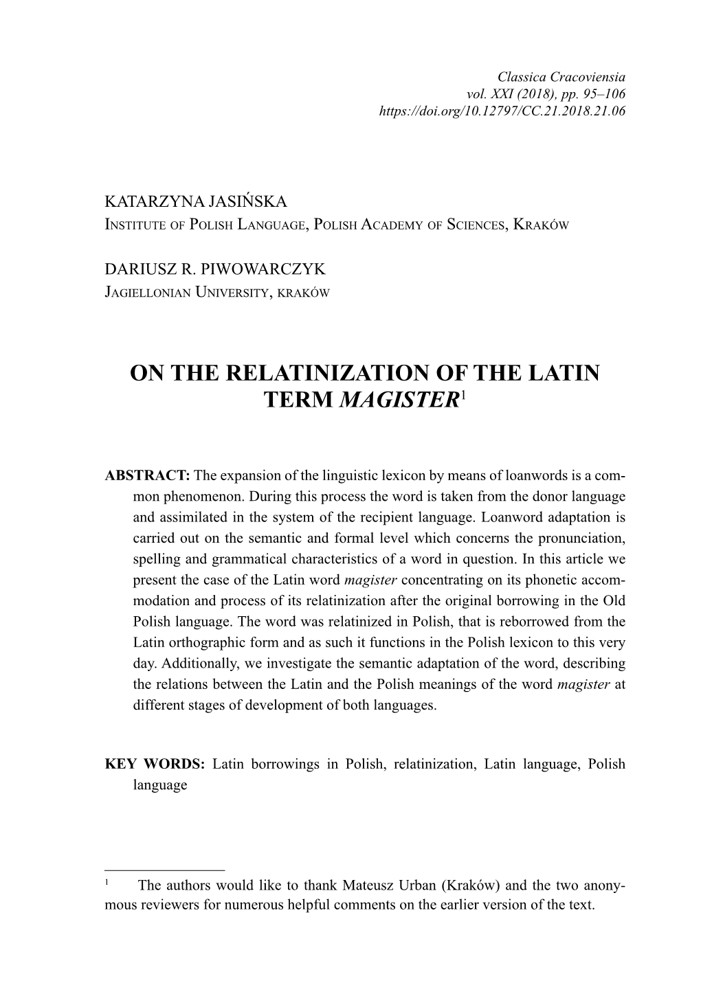 On the Relatinization of the Latin Term Magister1