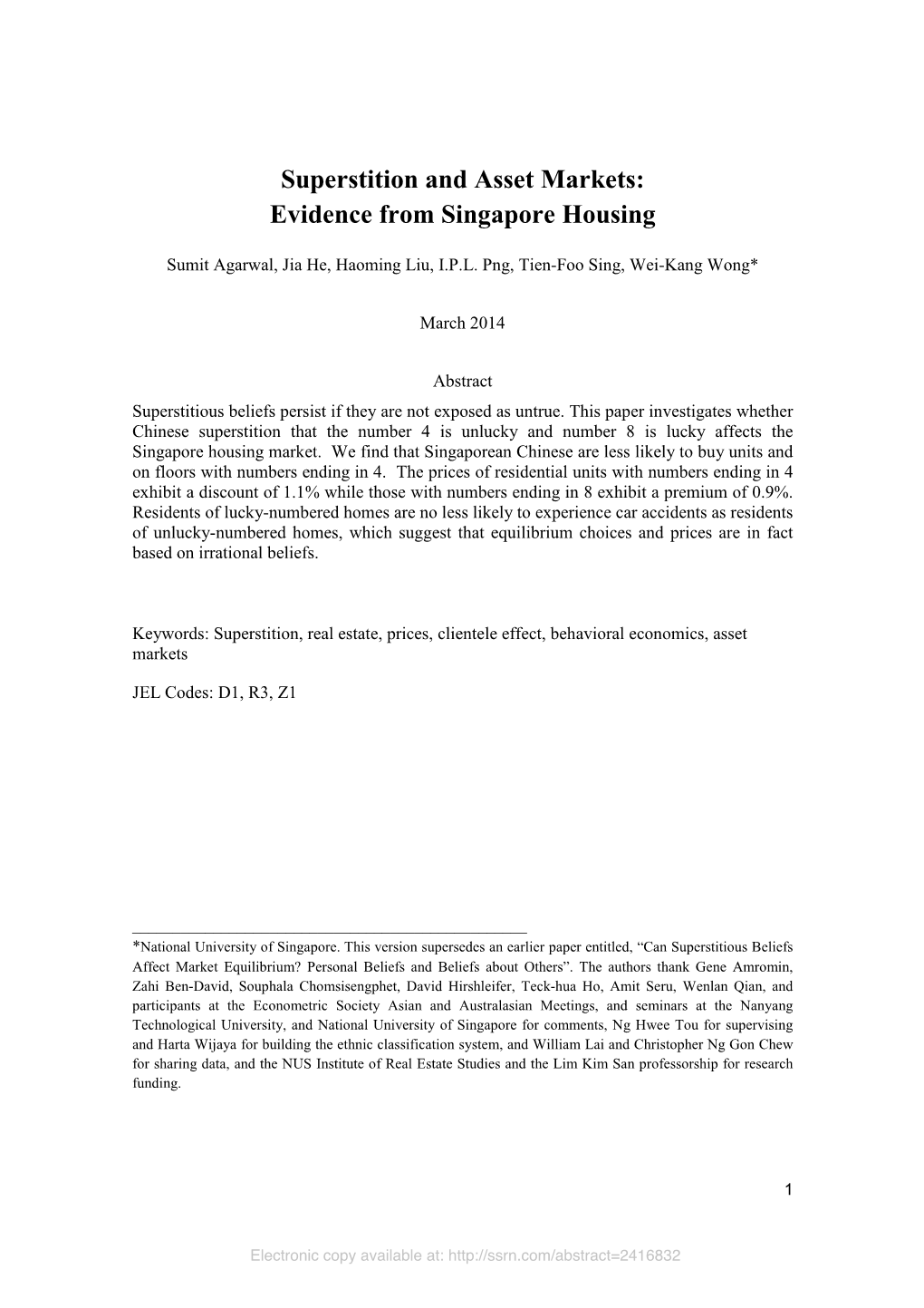 Superstition and Asset Markets: Evidence from Singapore Housing