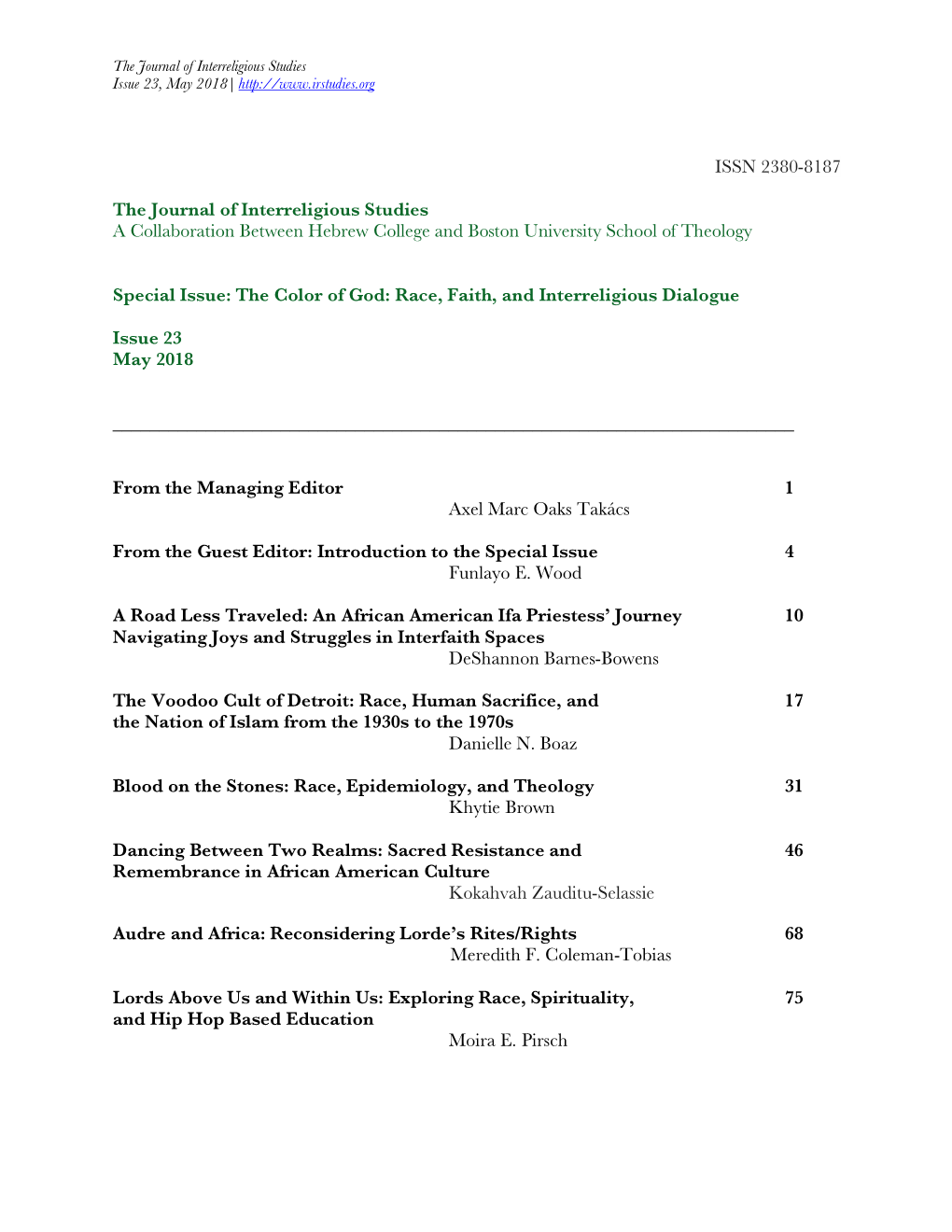 ISSN 2380-8187 the Journal of Interreligious Studies A