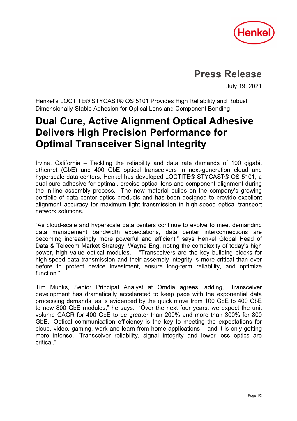 Press Release Dual Cure, Active Alignment Optical Adhesive