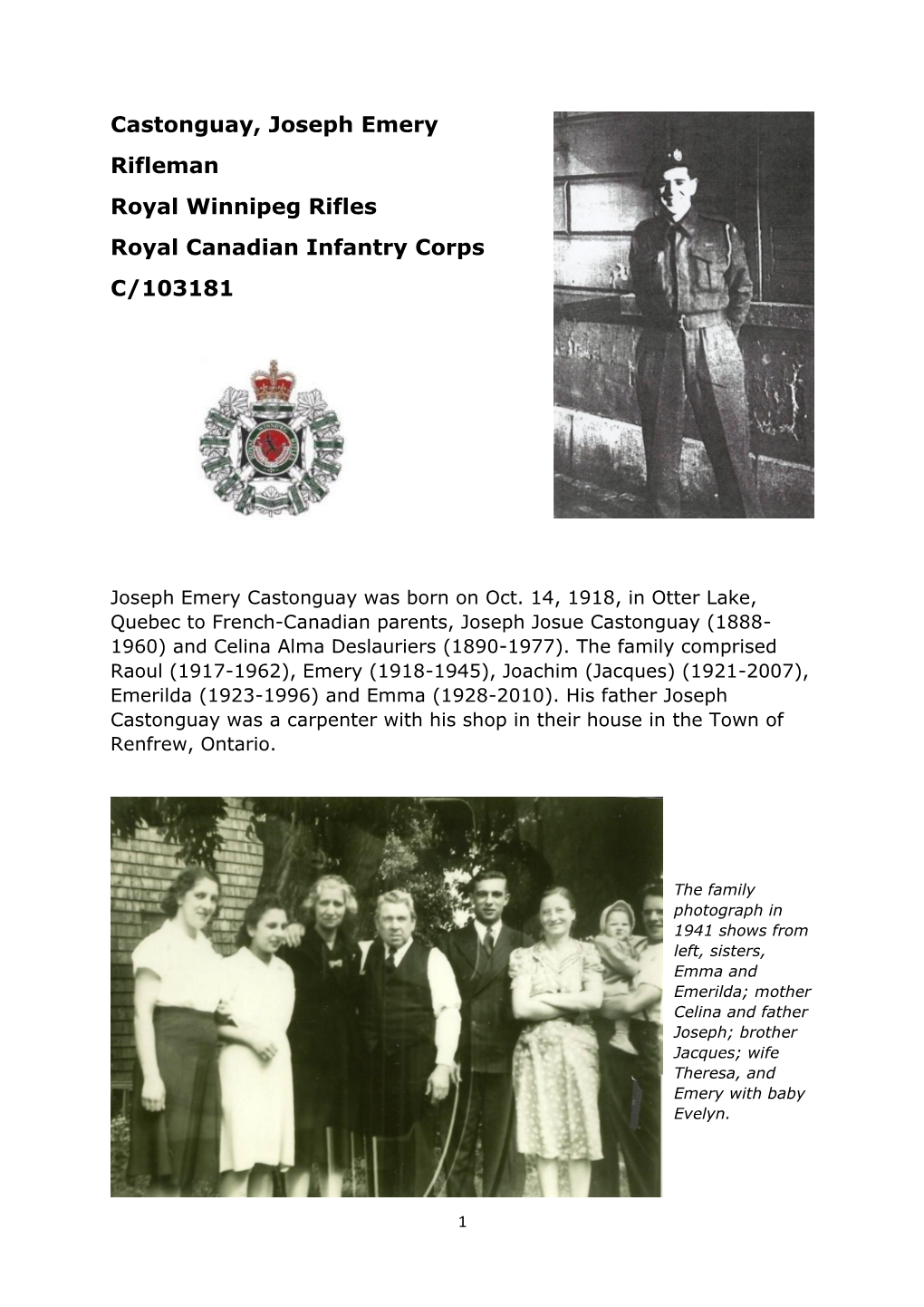 Castonguay, Joseph Emery Rifleman Royal Winnipeg Rifles Royal Canadian Infantry Corps C/103181