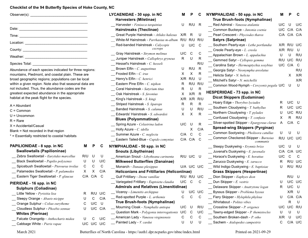 Checklist for the Butterflies of NC