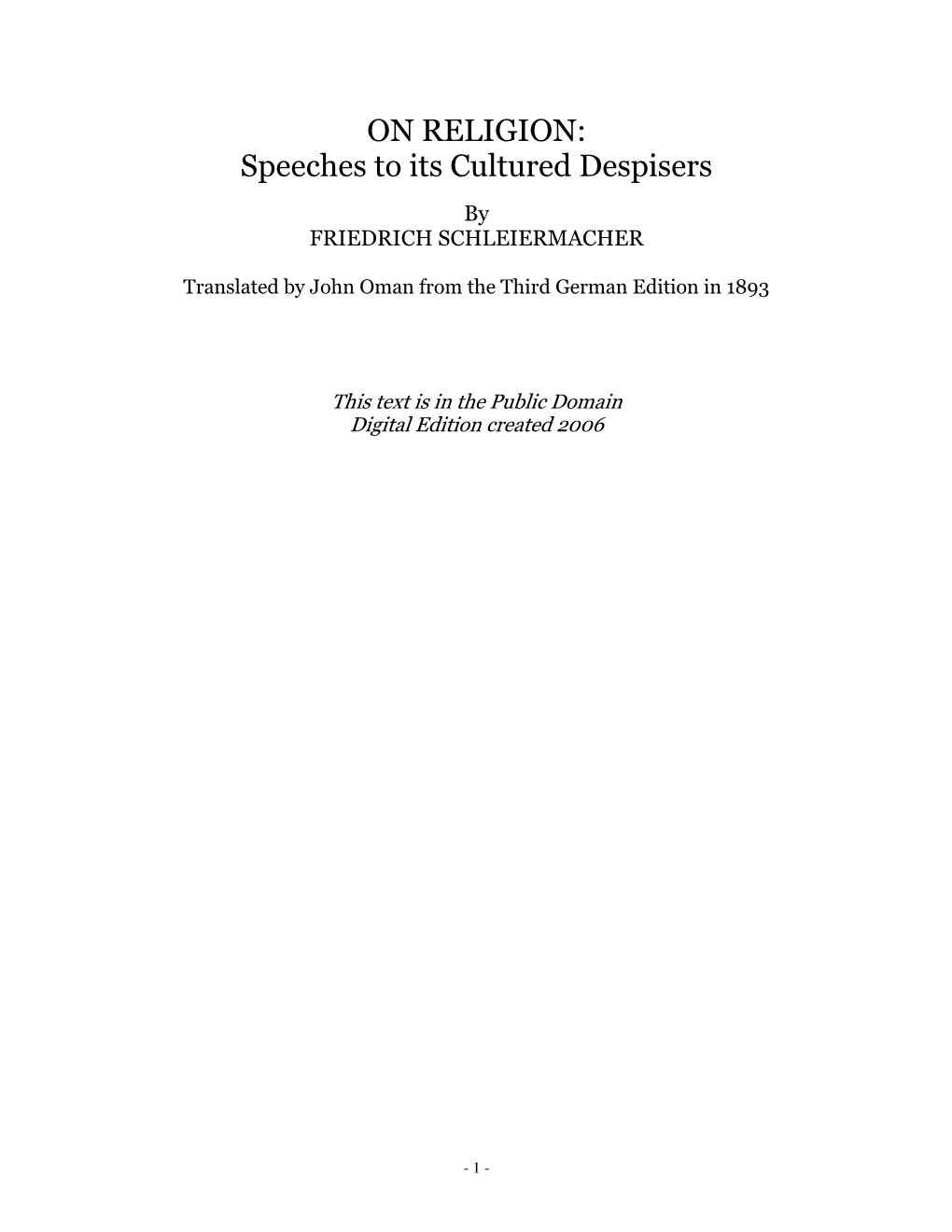 ON RELIGION: Speeches to Its Cultured Despisers