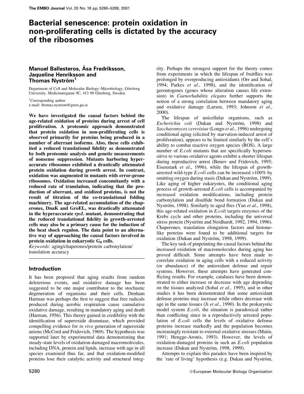 Bacterial Senescence: Protein Oxidation in Non-Proliferating Cells Is Dictated by the Accuracy of the Ribosomes