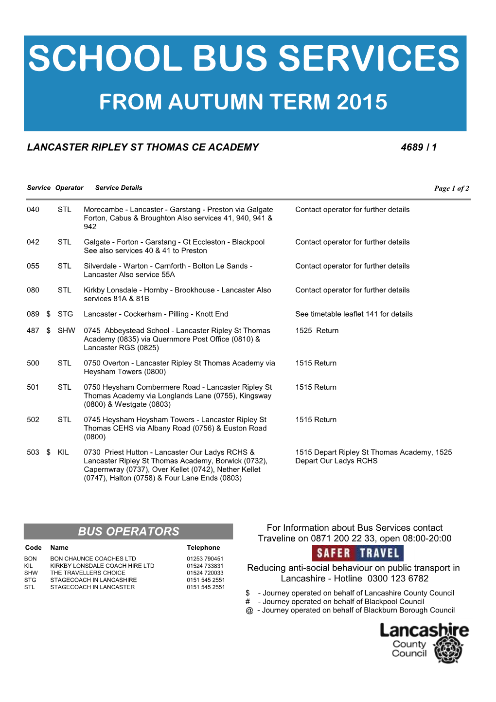 School Bus Services from Autumn Term 2015