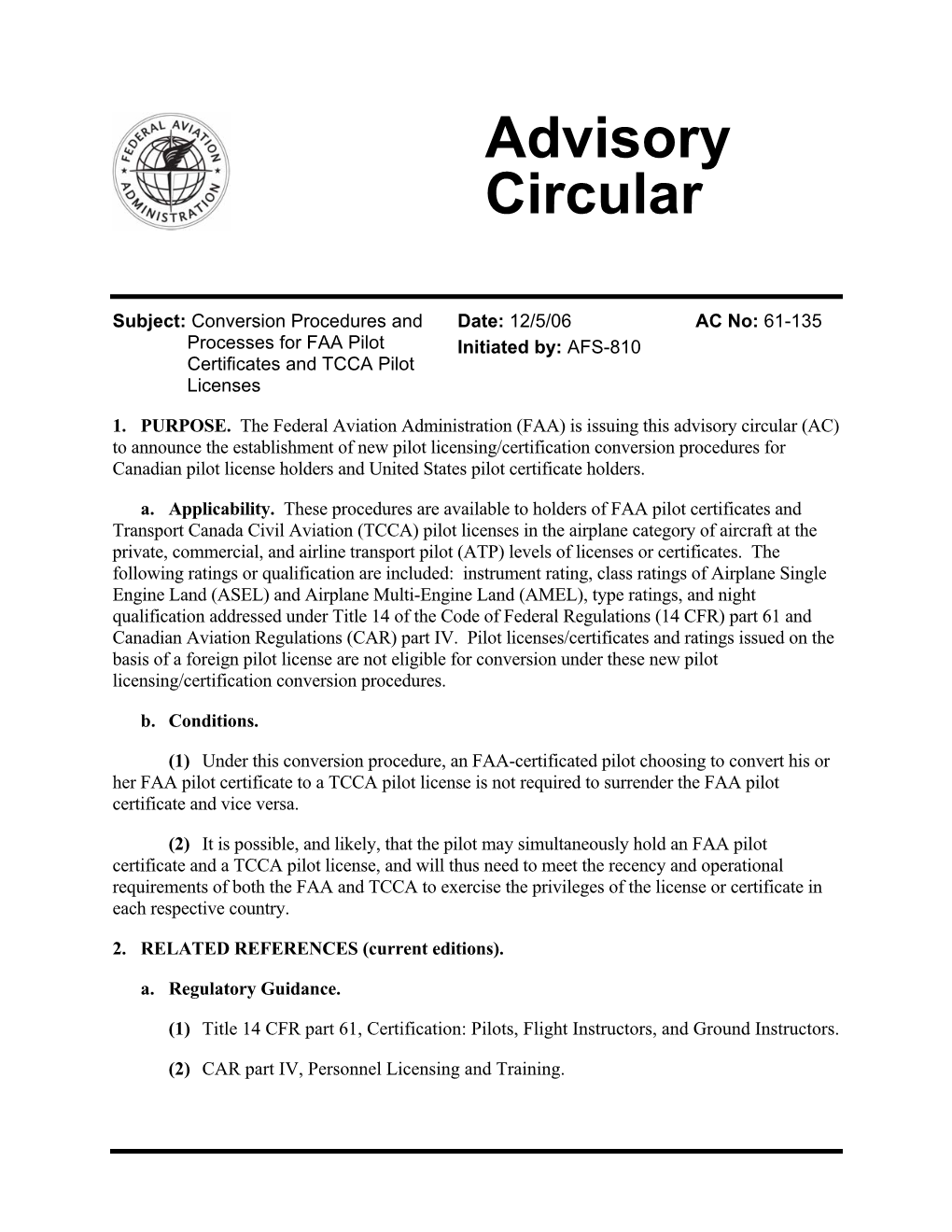 FAA Advisory Circular (AC) 61-135