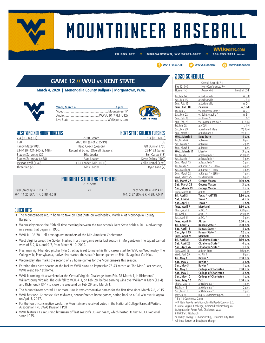 2020 Schedule Game 12 //Wvu Vs. Kent State Probable