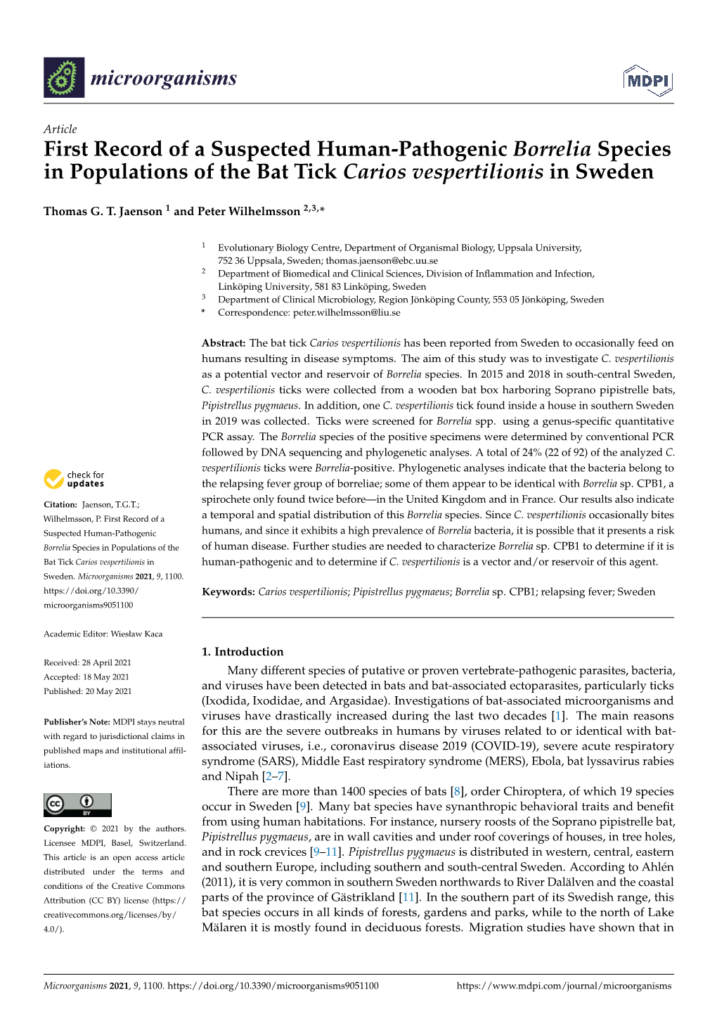 First Record of a Suspected Human-Pathogenic Borrelia Species in Populations of the Bat Tick Carios Vespertilionis in Sweden