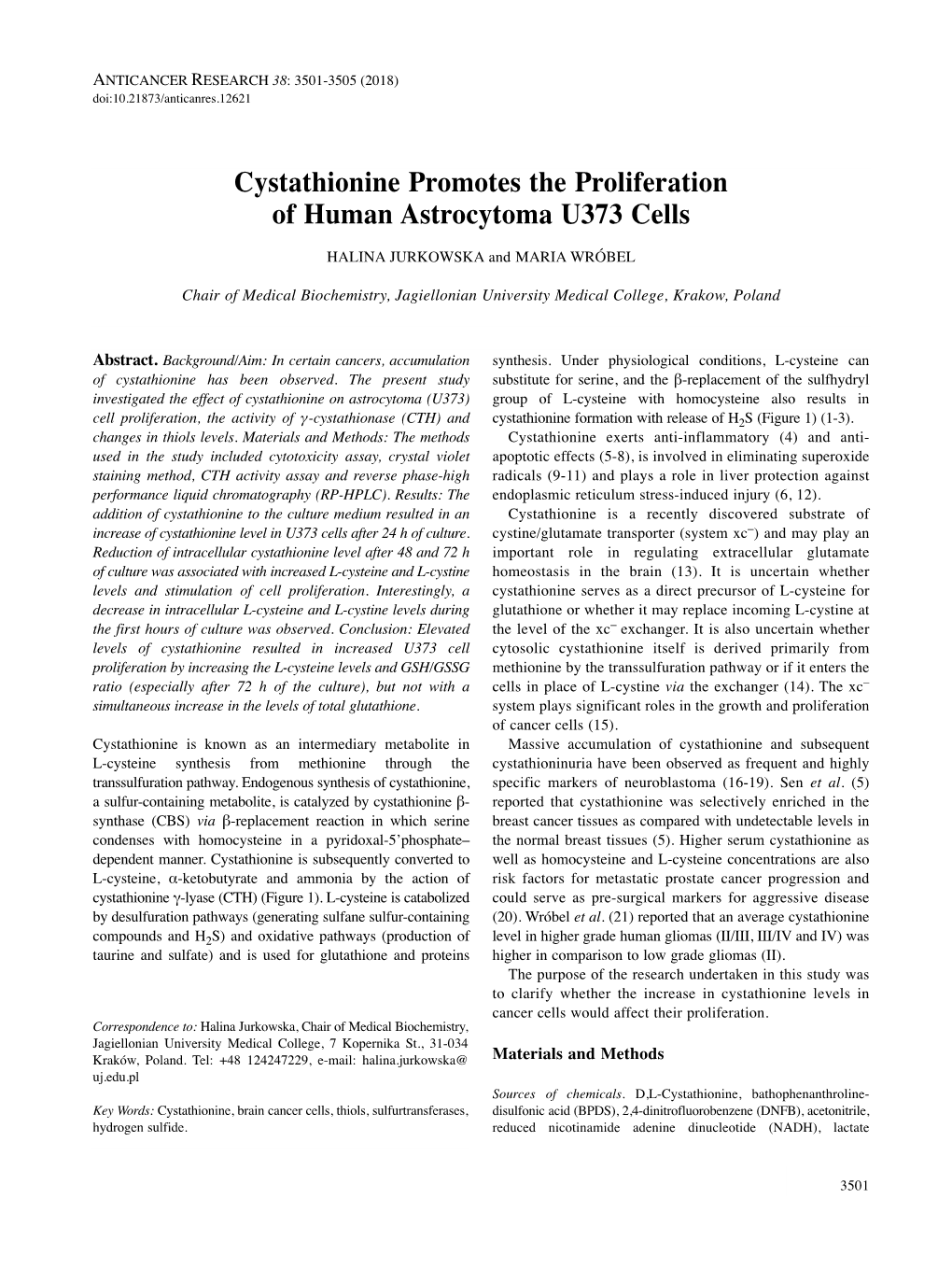 Cystathionine Promotes the Proliferation of Human Astrocytoma U373 Cells HALINA JURKOWSKA and MARIA WRÓBEL