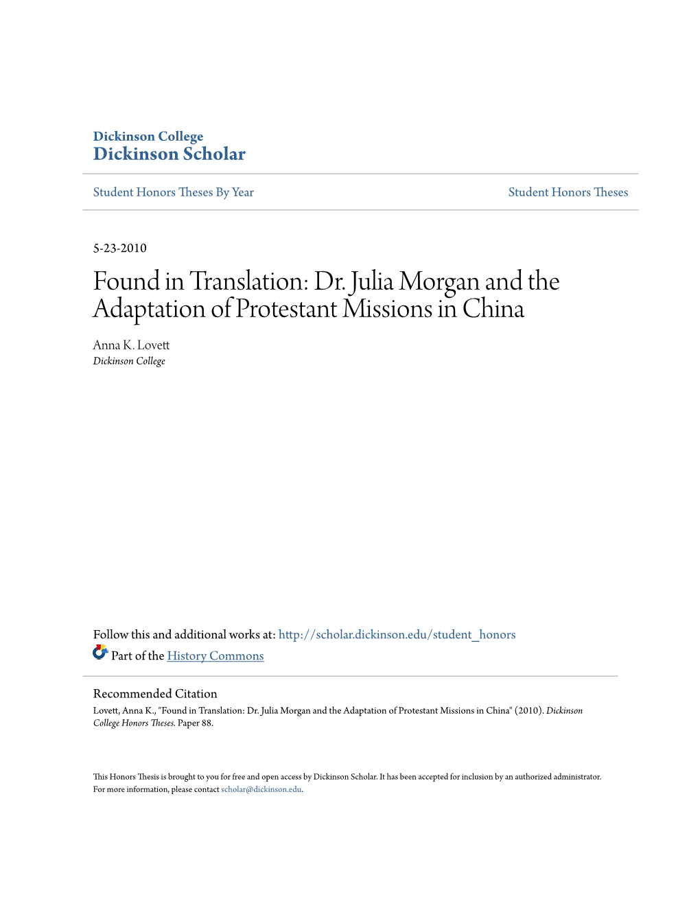 Dr. Julia Morgan and the Adaptation of Protestant Missions in China Anna K