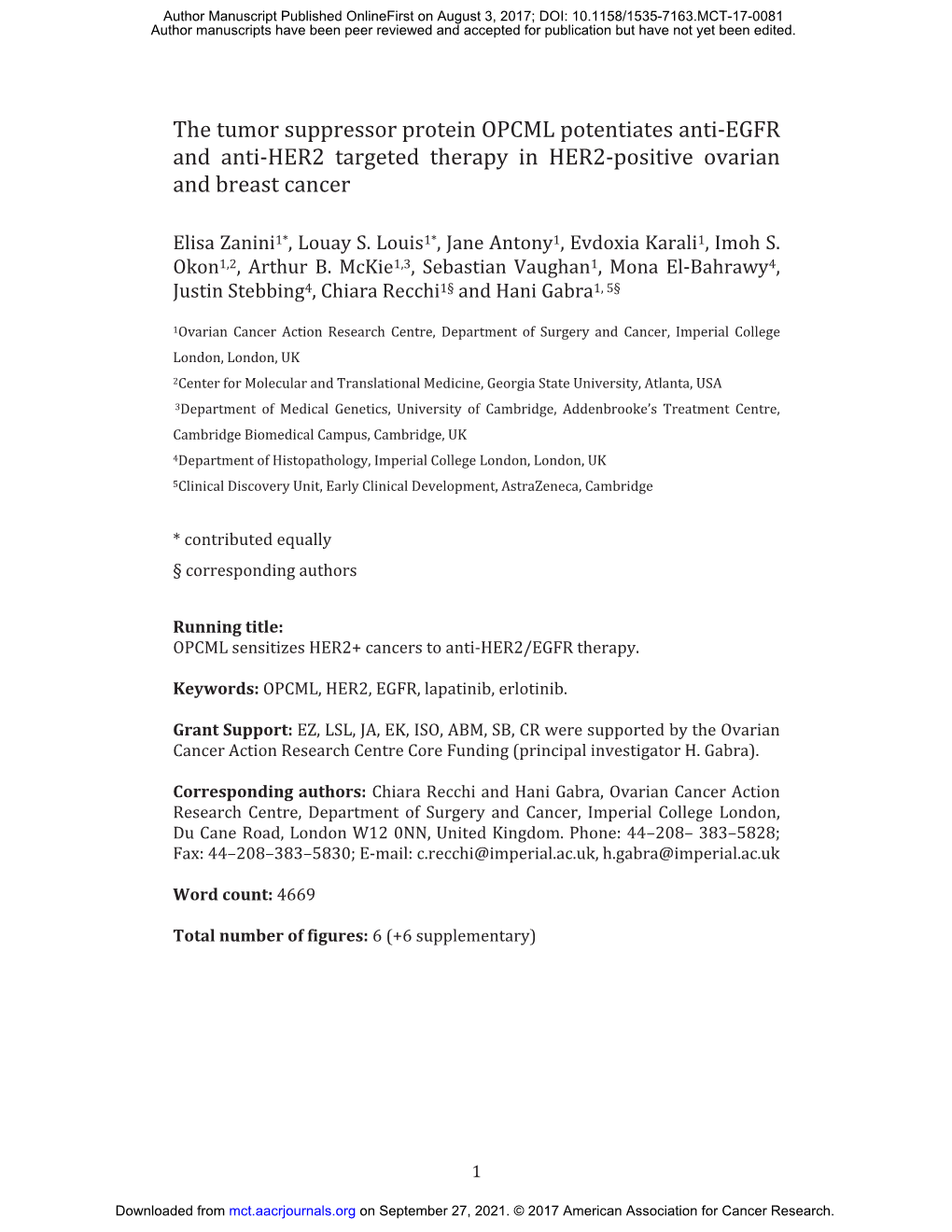 The Tumor Suppressor Protein OPCML Potentiates Anti-EGFR and Anti-HER2 Targeted Therapy in HER2-Positive Ovarian and Breast Cancer