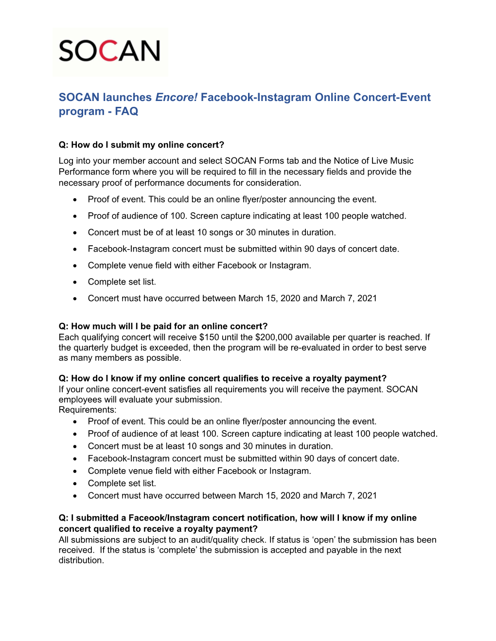 SOCAN Launches Encore! Facebook-Instagram Online Concert-Event Program - FAQ