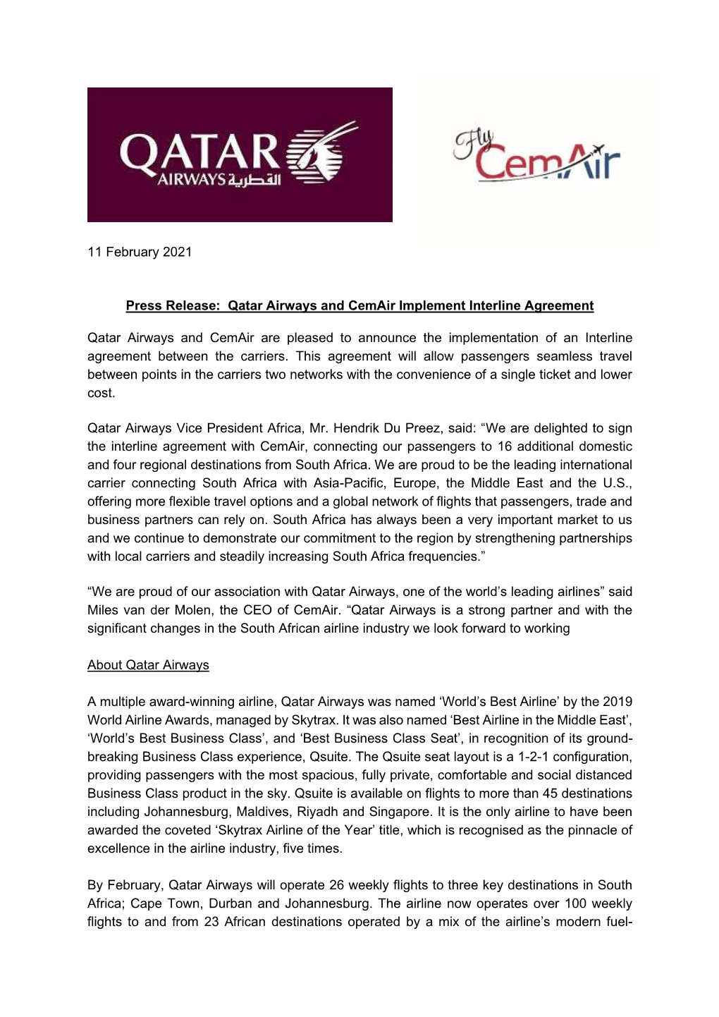 Qatar Airways and Cemair Implement Interline Agreement