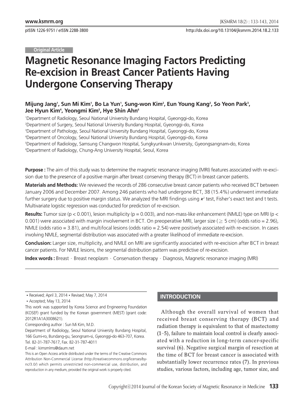 Magnetic Resonance Imaging Factors Predicting Re-Excision in Breast Cancer Patients Having Undergone Conserving Therapy
