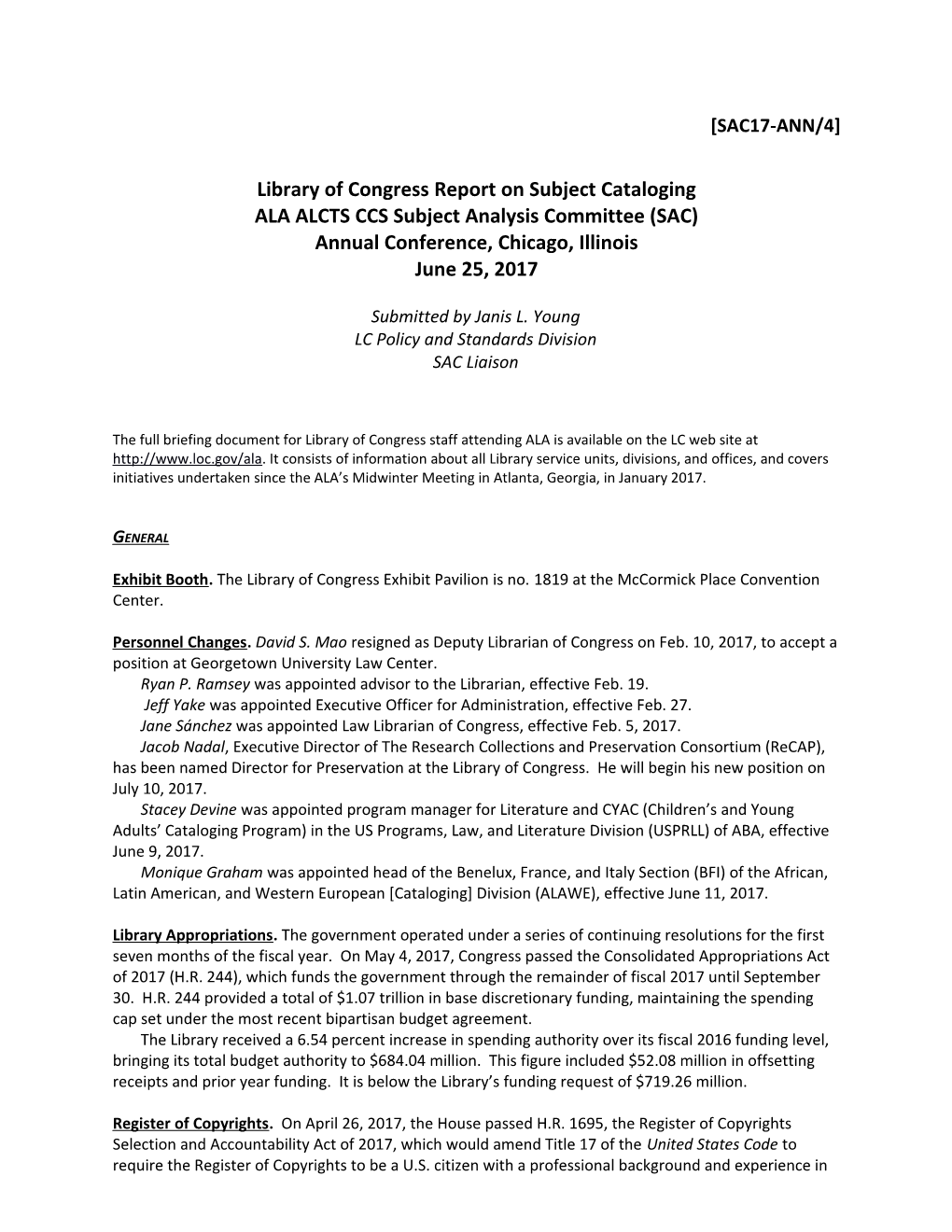 Library of Congress Report on Subject Cataloging