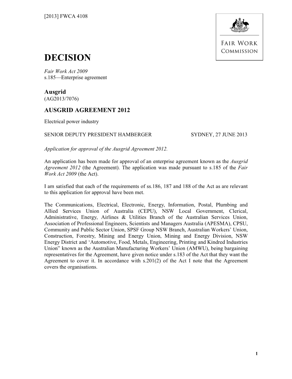 Ausgrid (AG2013/7076) AUSGRID AGREEMENT 2012