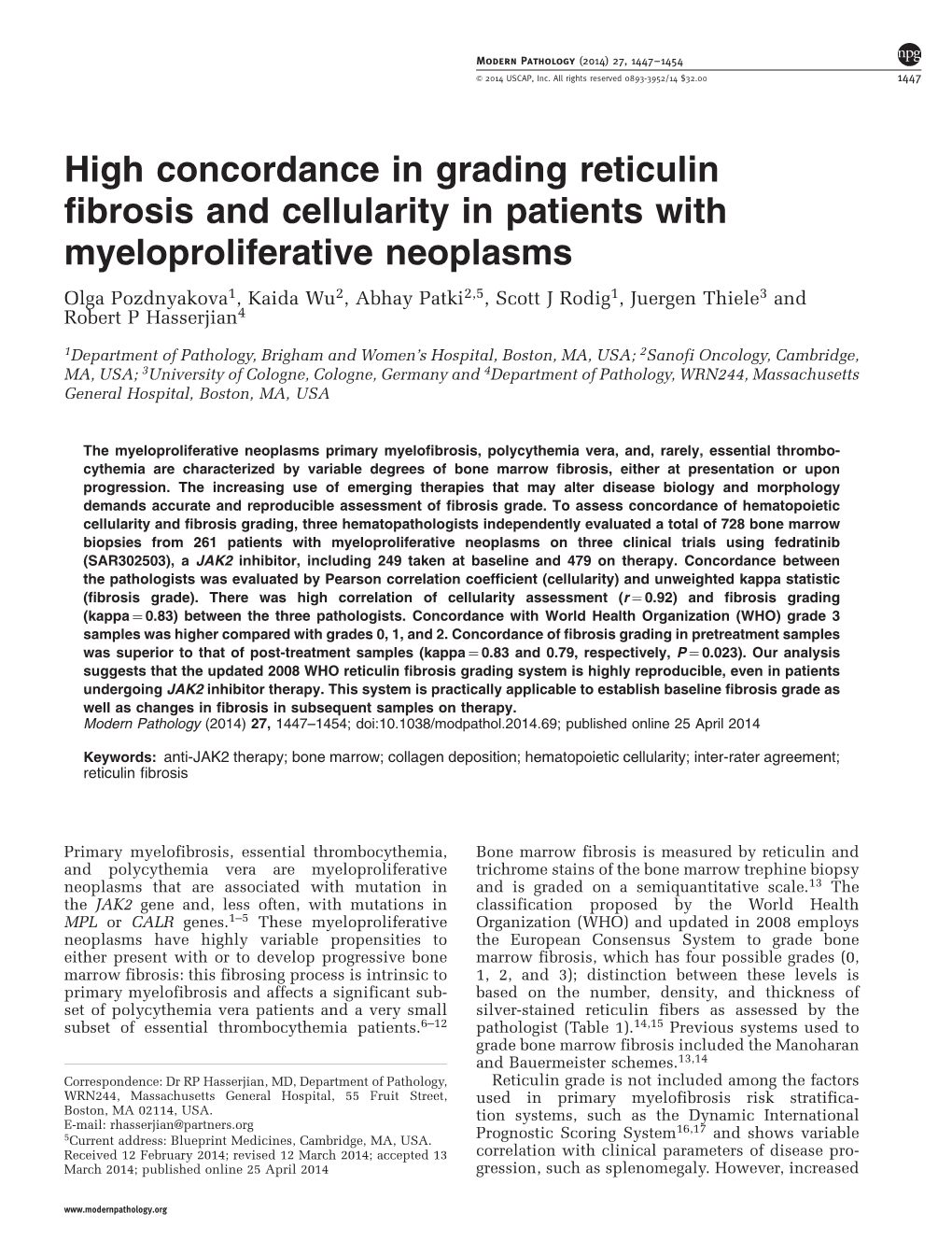 High Concordance in Grading Reticulin Fibrosis and Cellularity in Patients with Myeloproliferative Neoplasms