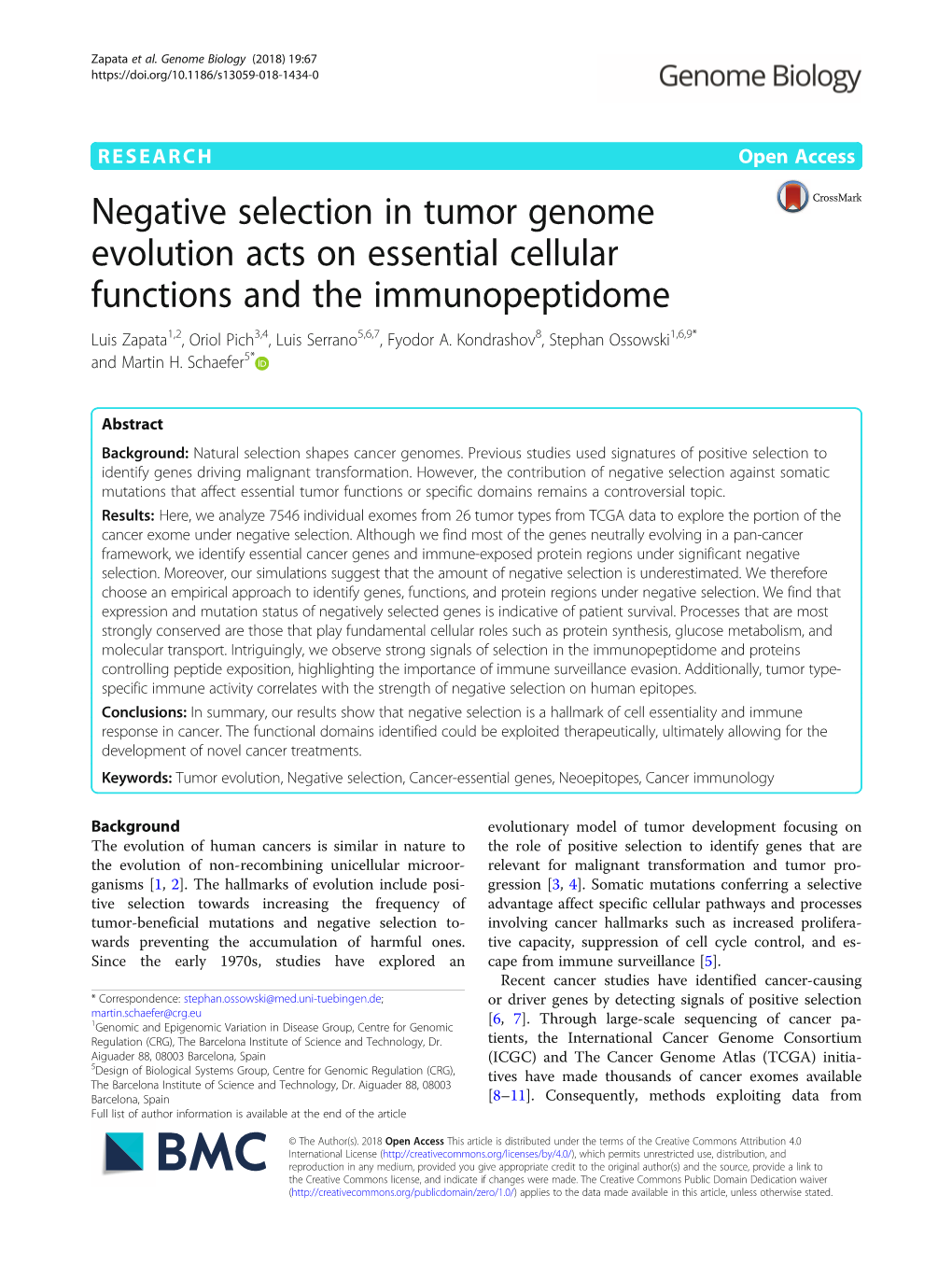 Negative Selection in Tumor Genome Evolution Acts on Essential Cellular Functions and the Immunopeptidome Luis Zapata1,2, Oriol Pich3,4, Luis Serrano5,6,7, Fyodor A
