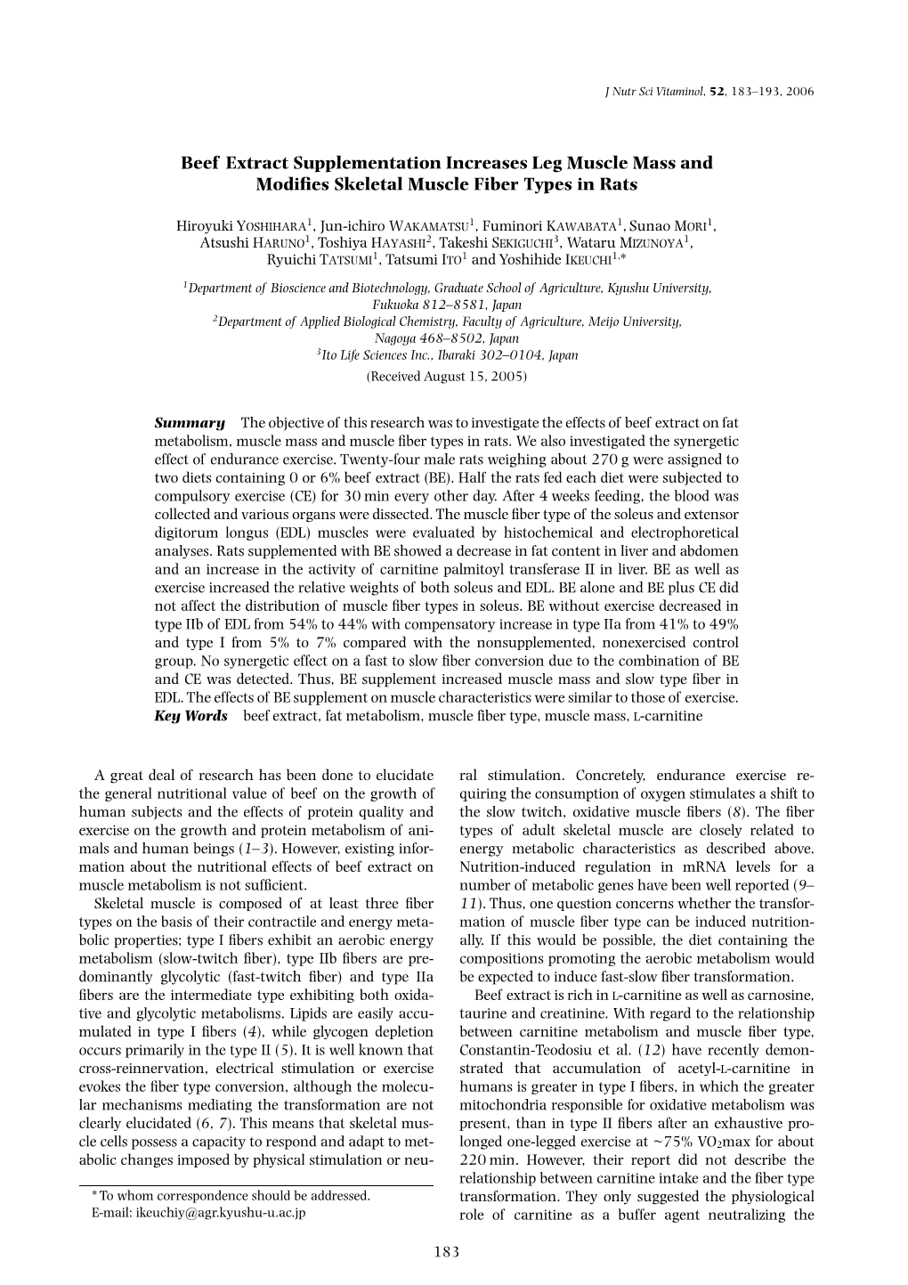 Beef Extract Supplementation Increases Leg Muscle Mass and Modiﬁes Skeletal Muscle Fiber Types in Rats