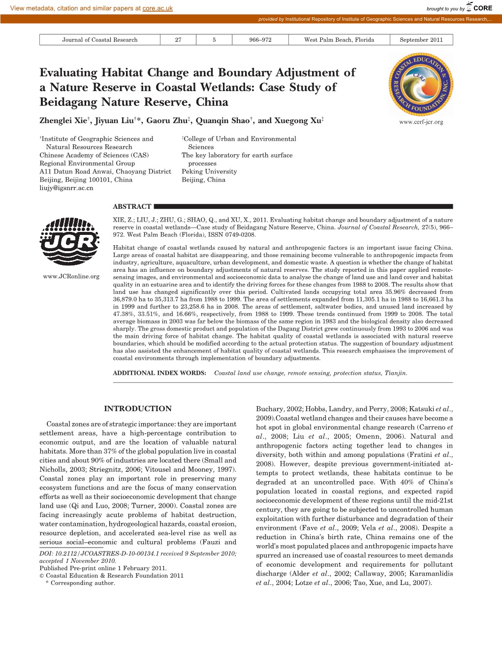 Evaluating Habitat Change and Boundary Adjustment of a Nature Reserve in Coastal Wetlands: Case Study of Beidagang Nature Reserve, China