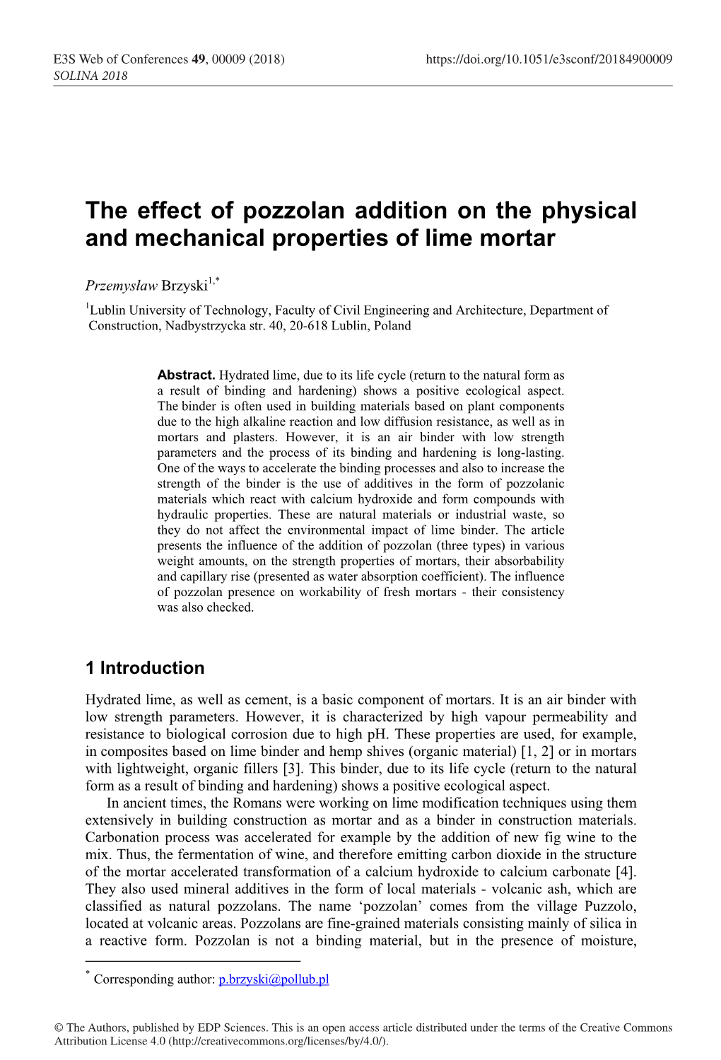 The Effect of Pozzolan Addition on the Physical and Mechanical Properties of Lime Mortar