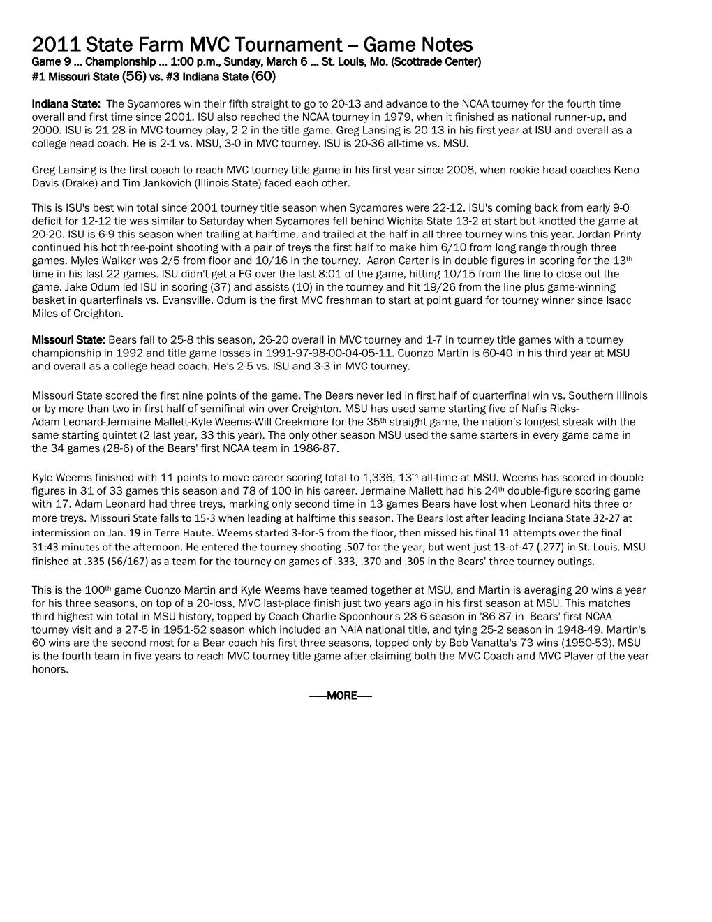 2011 State Farm MVC Tournament -- Game Notes Game 9