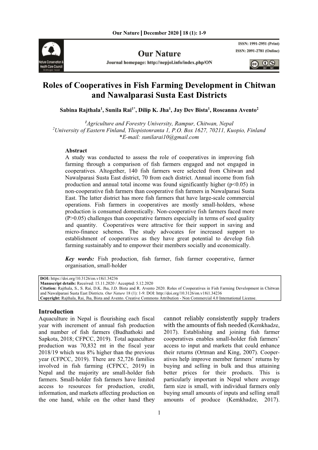 Roles of Cooperatives in Fish Farming Development in Chitwan and Nawalparasi Susta East Districts