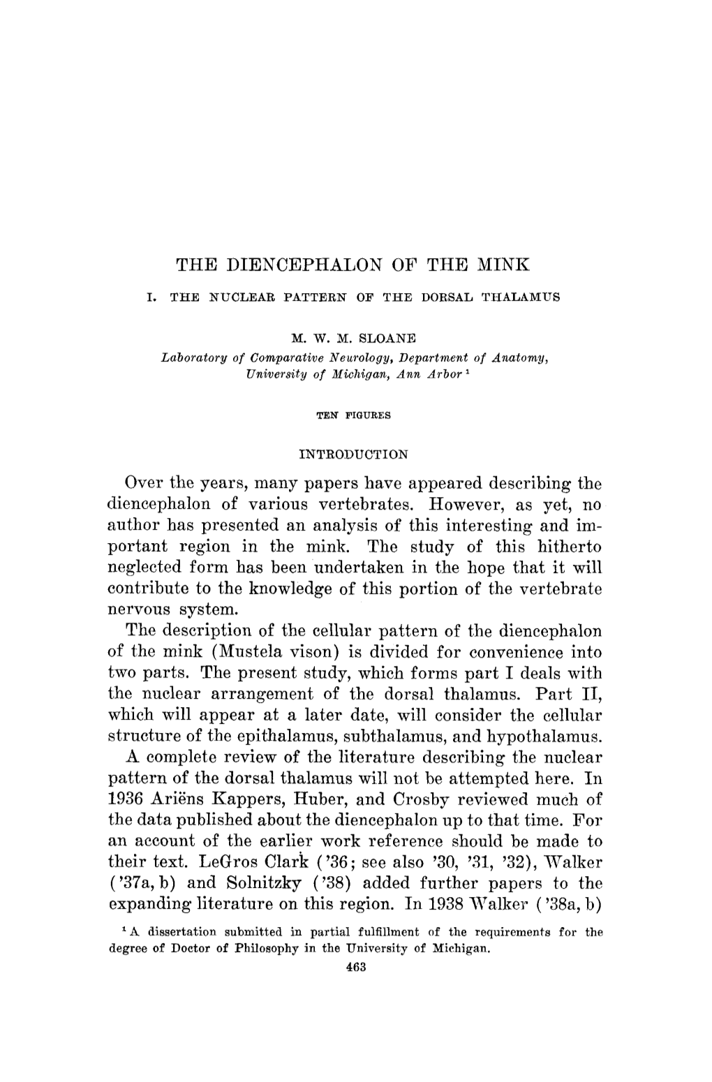 THE DIENCEPHALON of the MINK Over the Years, Many Papers Have