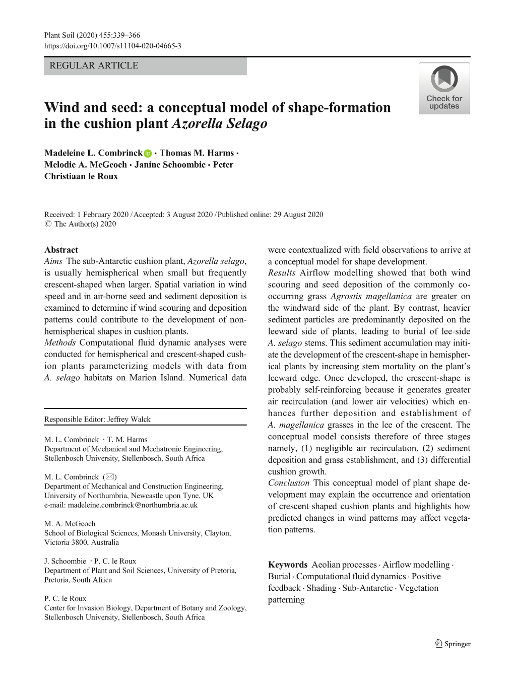 Wind and Seed: a Conceptual Model of Shape-Formation in the Cushion Plant Azorella Selago