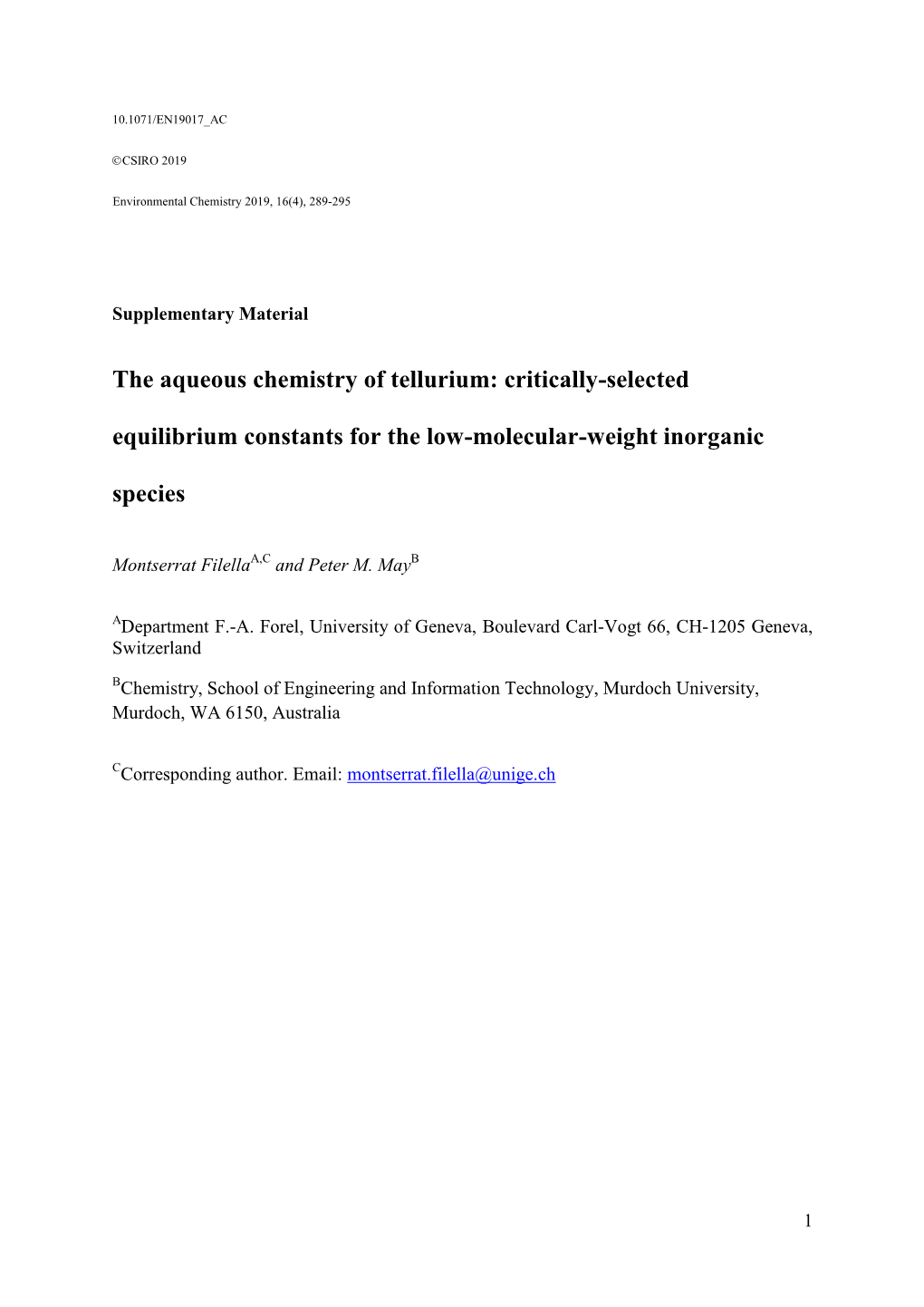 The Aqueous Chemistry of Tellurium: Critically-Selected Equilibrium Constants for the Low-Molecular-Weight Inorganic Species