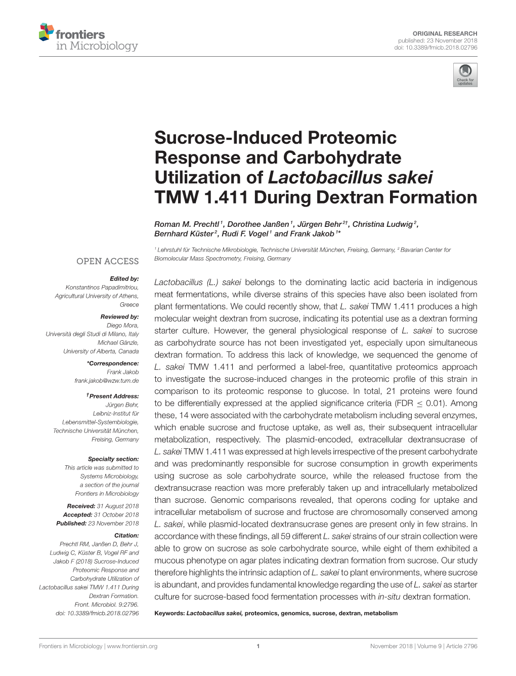 Sucrose-Induced Proteomic Response and Carbohydrate Utilization of Lactobacillus Sakei TMW 1.411 During Dextran Formation