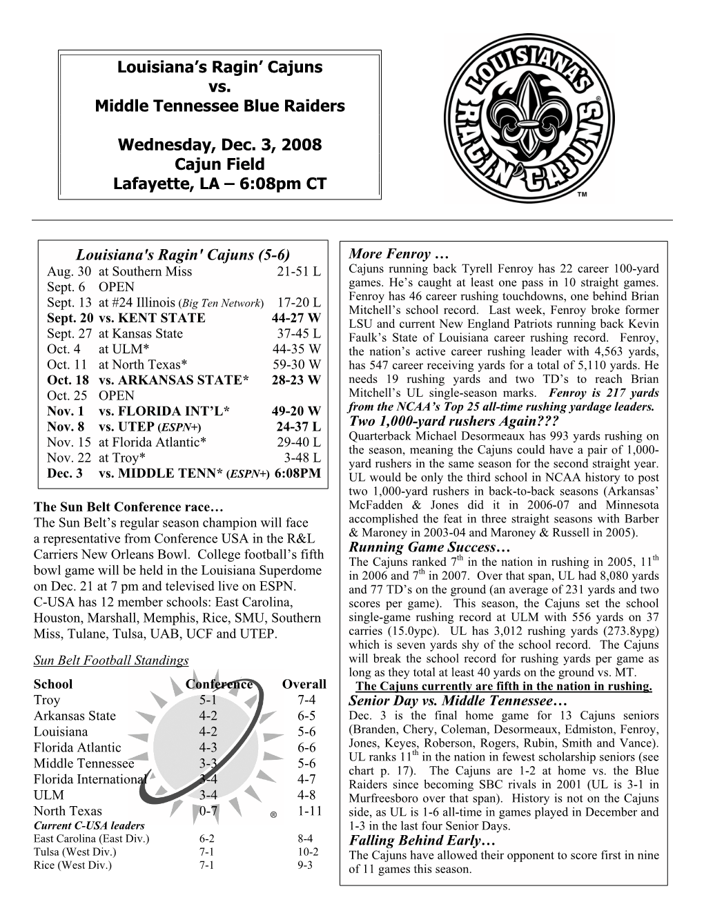 Louisiana's Ragin' Cajuns Vs. Middle Tennessee Blue Raiders Wednesday, Dec. 3, 2008 Cajun Field Lafayette, LA – 6:08Pm CT