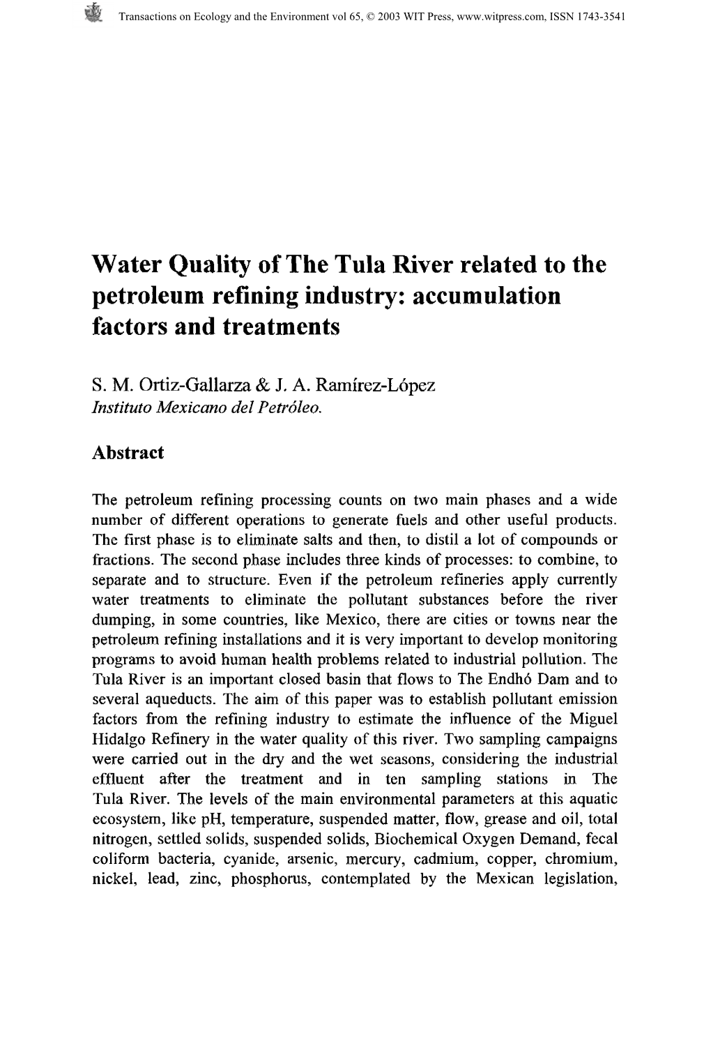 Water Quality of the Tula River Related to the Petroleum Refining Industry: Accumulation Factors and Treatments