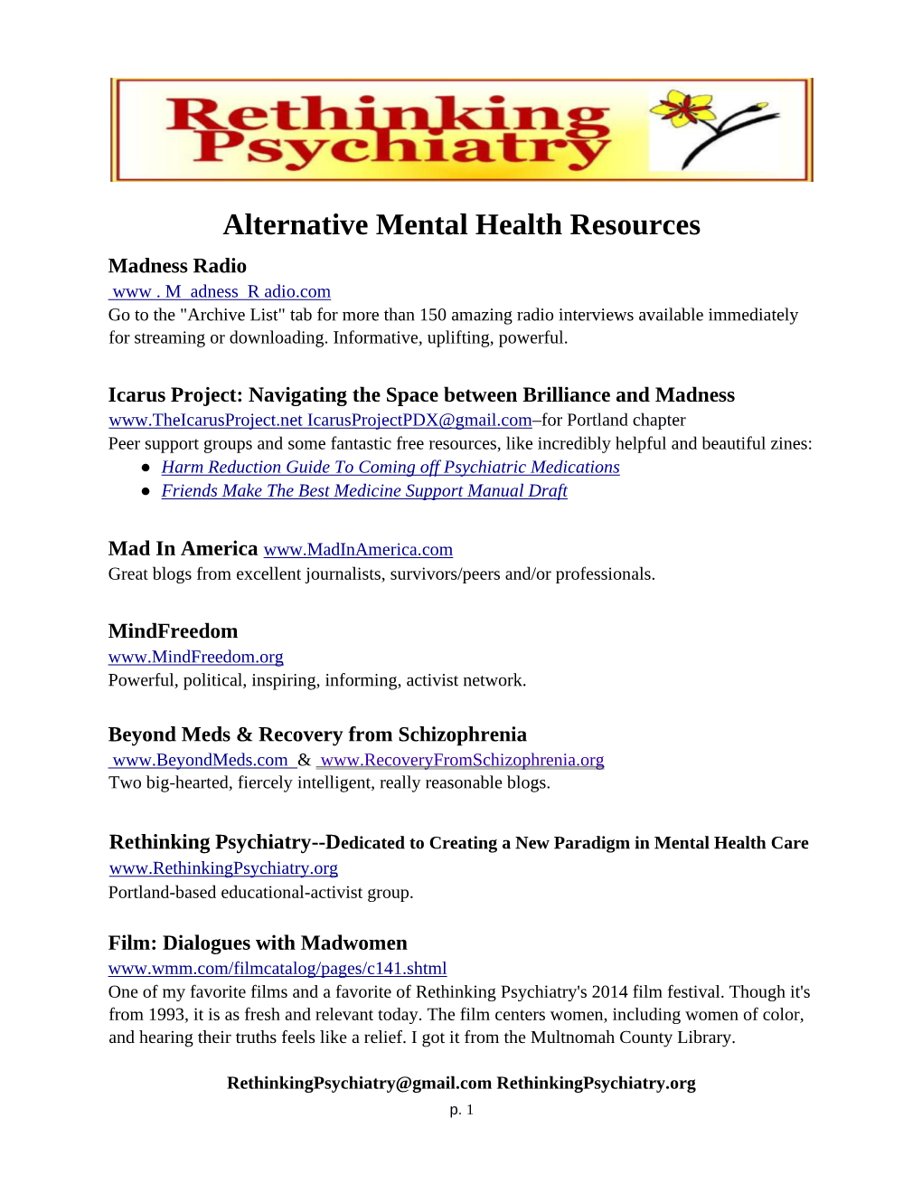 Alternative Mental Health Resource List.Docx