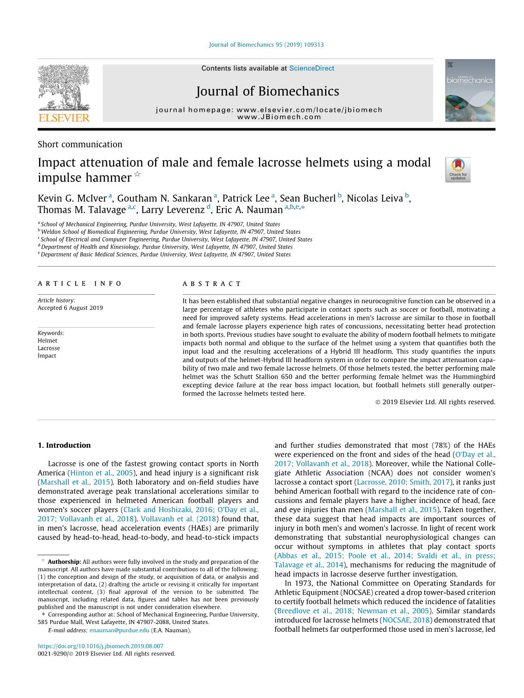 Impact Attenuation of Male and Female Lacrosse Helmets Using a Modal Impulse Hammer Q