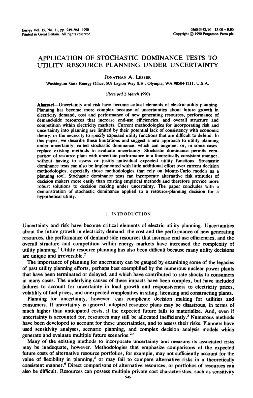 Application of Stochastic Dominance Tests to Utility Resource Planning Under Uncertainty